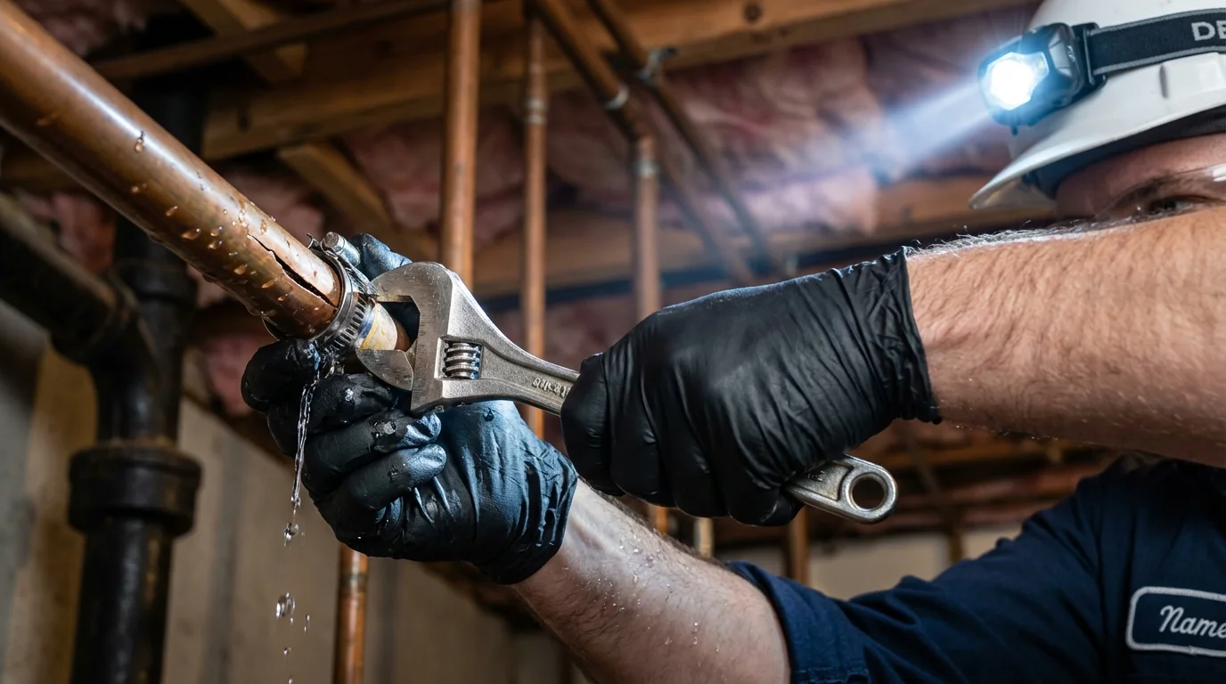 Emergency pipe clamp repair being performed by a Johns Plumbing LLC plumber in Coto Laurel
