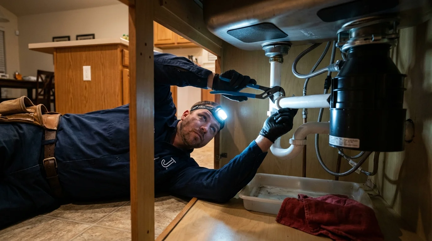 P-trap and supply line connections under a kitchen sink showing a common leak point in Coto Laurel, PR